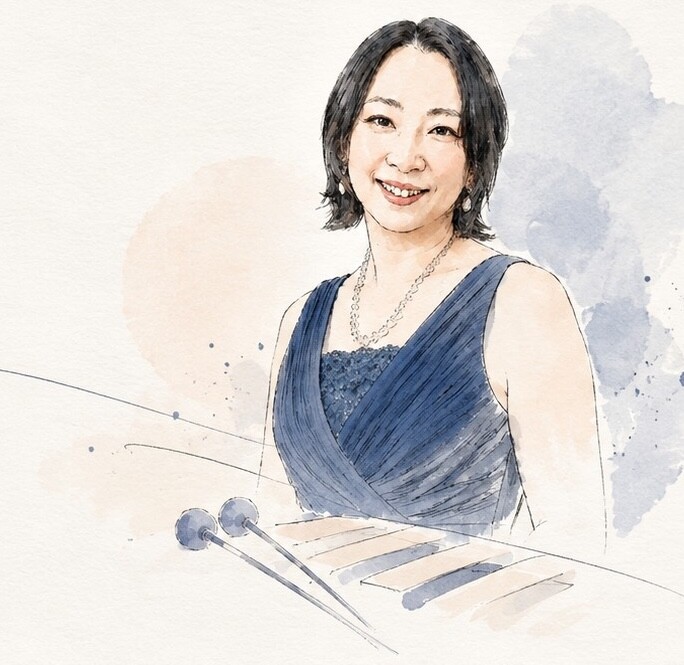 マリンバとマレットを手にした安田愛の水彩イラスト